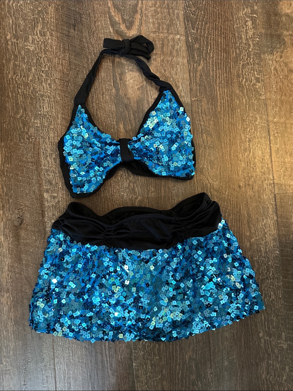 Competition Dance Costume Blue & Black Sequin Size YL